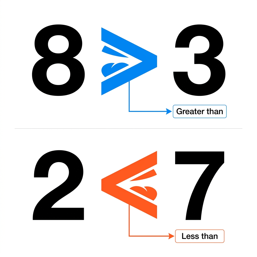 We use signs to show which group has more. This sign > means greater than. This sign < means less than. The open mouth eats.