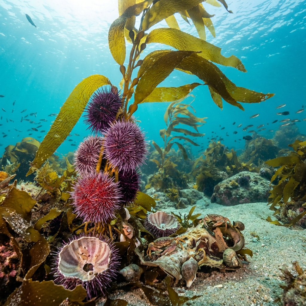 Kelp grows in the ocean, and 5 sea urchins eat the kelp to survive. When these urchins die, their bodies remain in the.