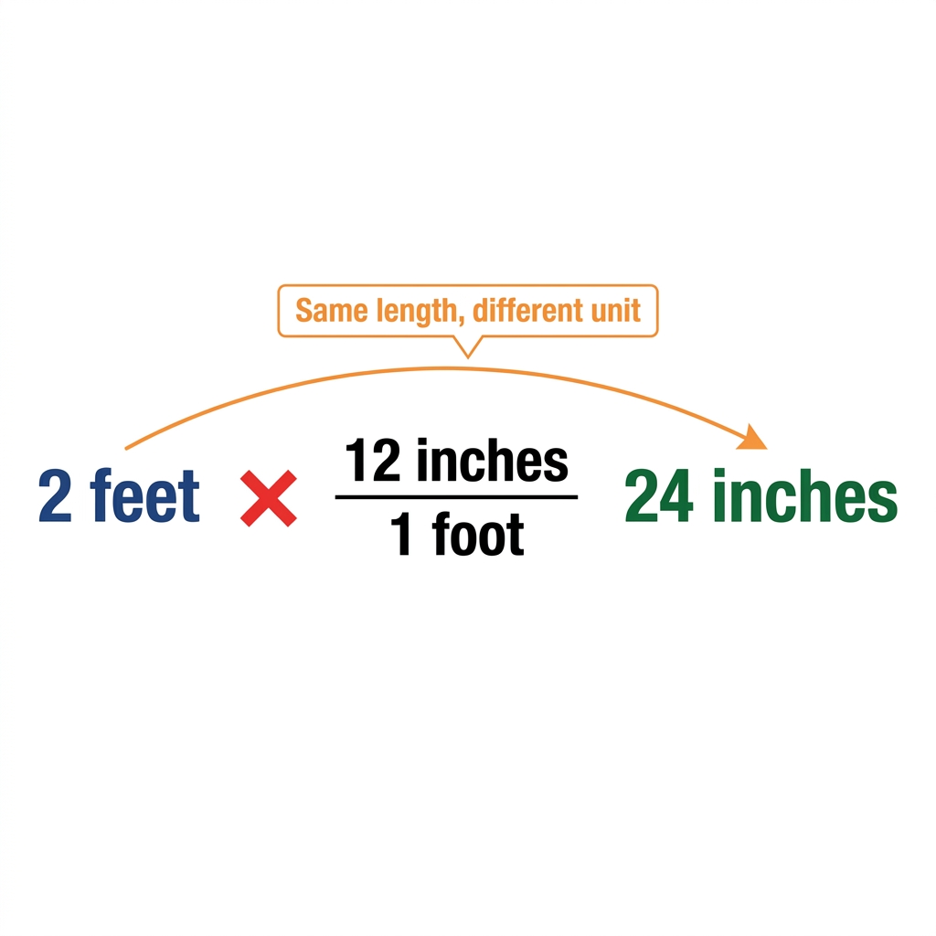 Example 1: Converting 2 feet to inches. Since 1 foot is 12 inches, 2 feet is 24 inches. This is a conversion because we.