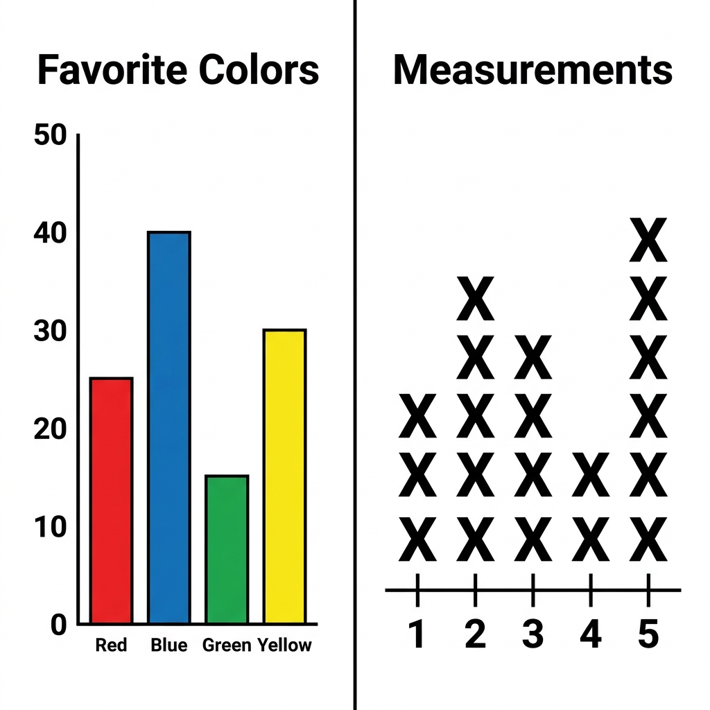 A bar graph compares different categories by using the height of bars to show how many students chose each color. A line.