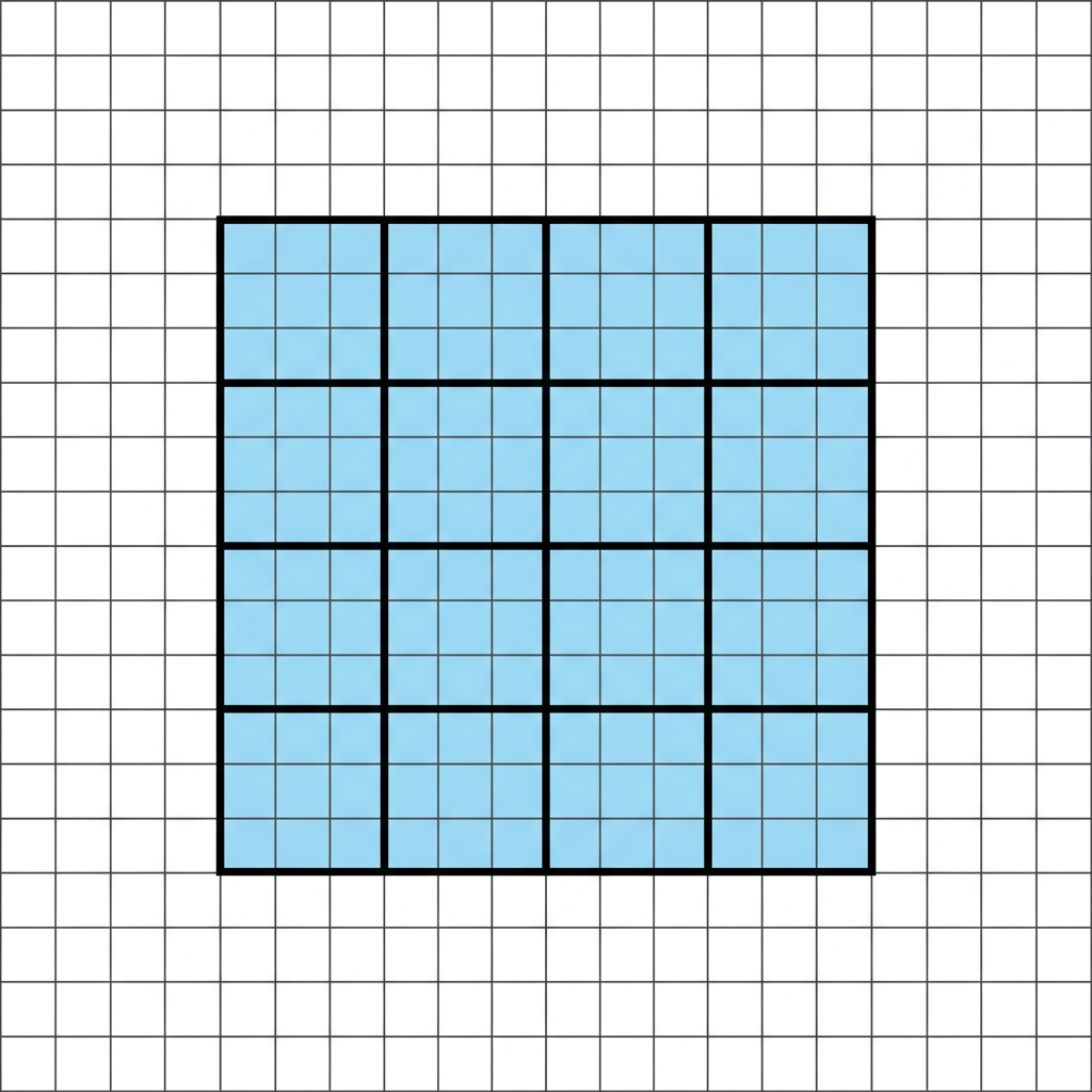 Here is a square on a grid. We can count the squares inside to find its area. This is an example of area because we are.