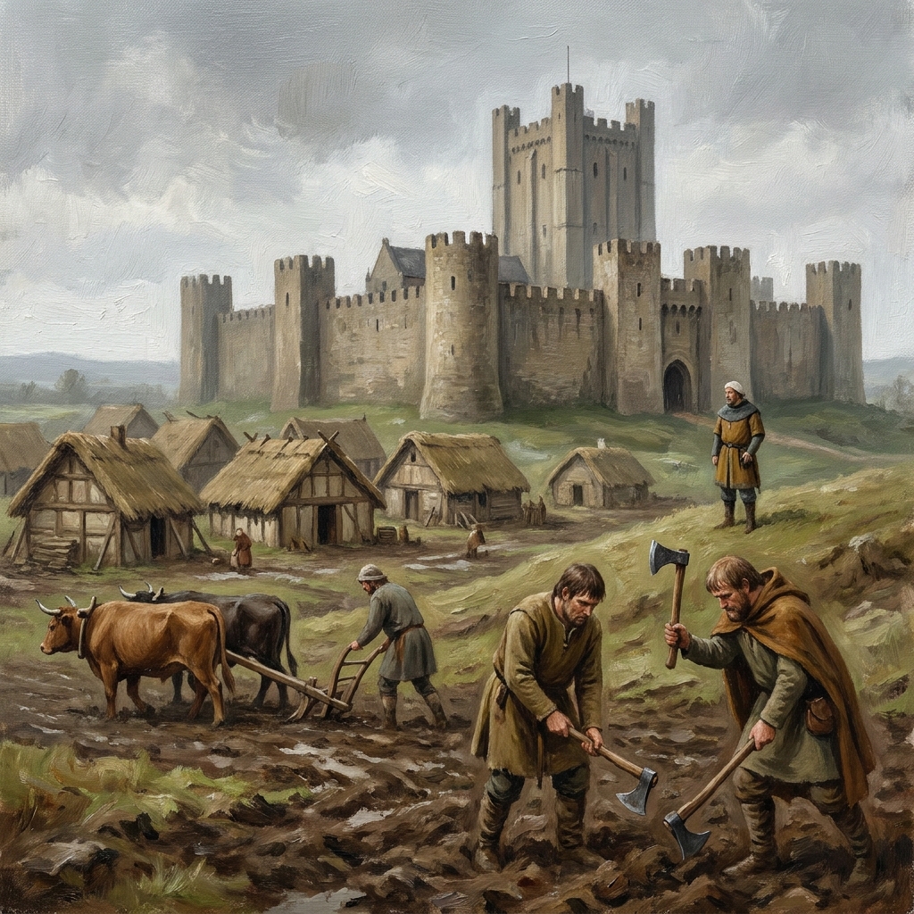 A fortified castle provided safety for the village during attacks. The peasants lived in small huts nearby, and the lord.
