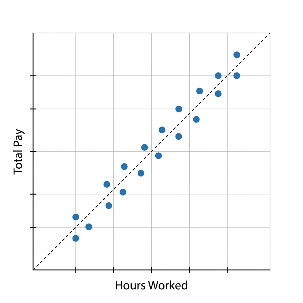 Here is an example of a strong positive linear relationship. As the number of hours worked increases, the total pay also.