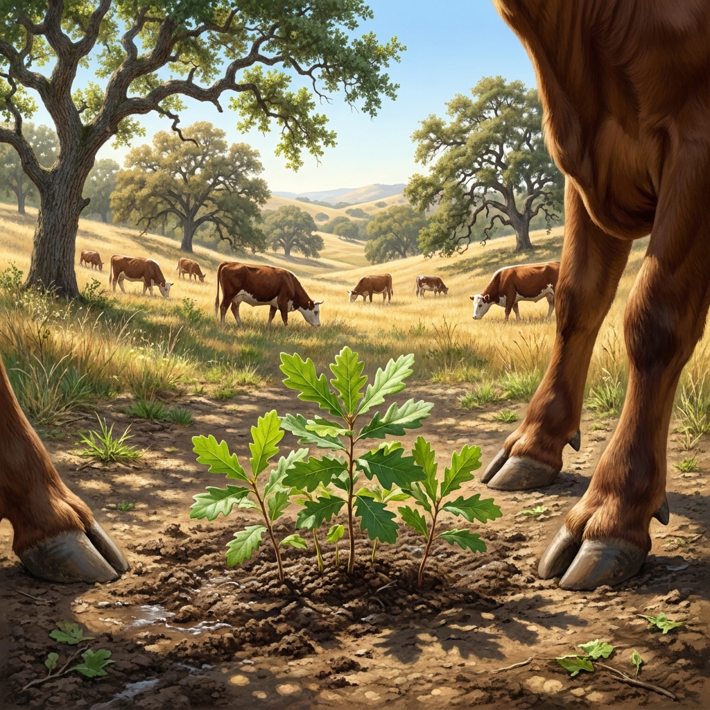In an oak woodland, a sustainable grazing model shows that if cattle density is kept at 5 animals per acre, the oak.