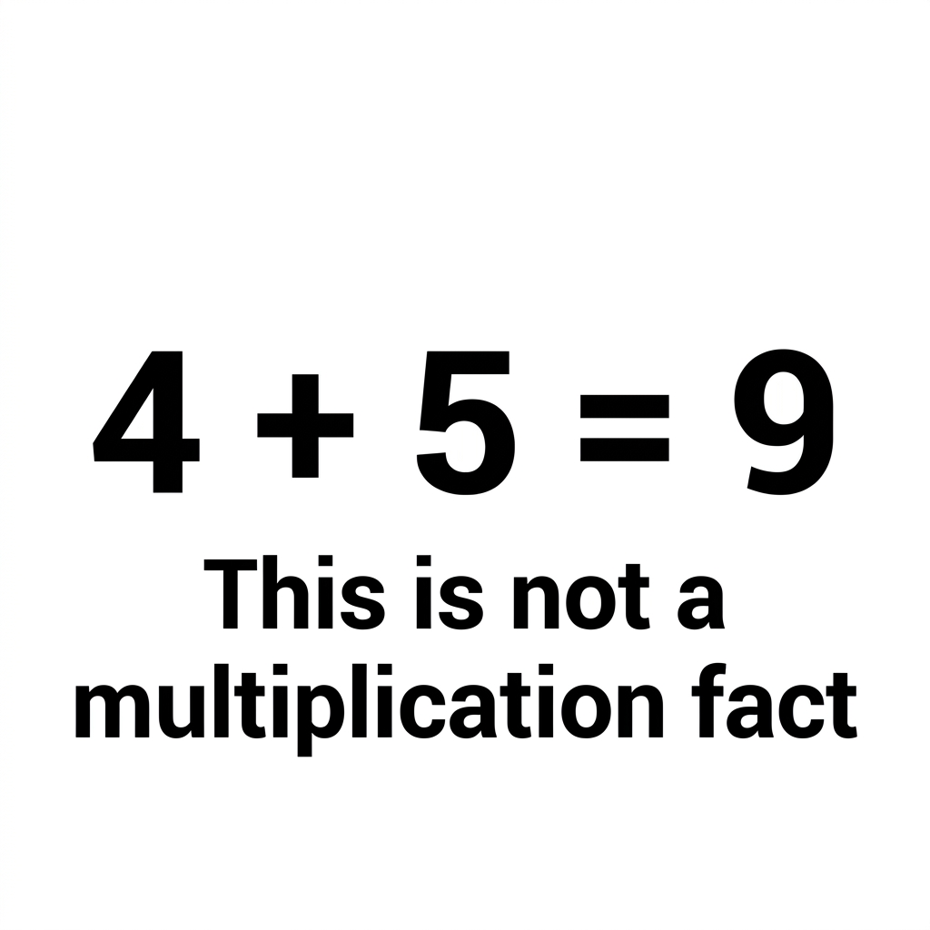 If you have 4 plus 5, that equals 9. This is not a multiplication fact because it uses addition instead of multiplication.