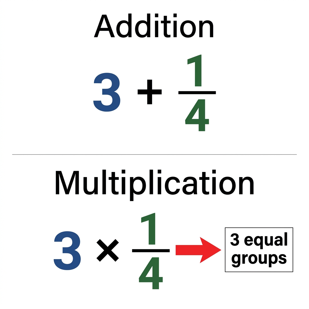 When we combine groups of the same size, we use multiplication. If you have 3 plus 1/4, you are adding a whole number to a.