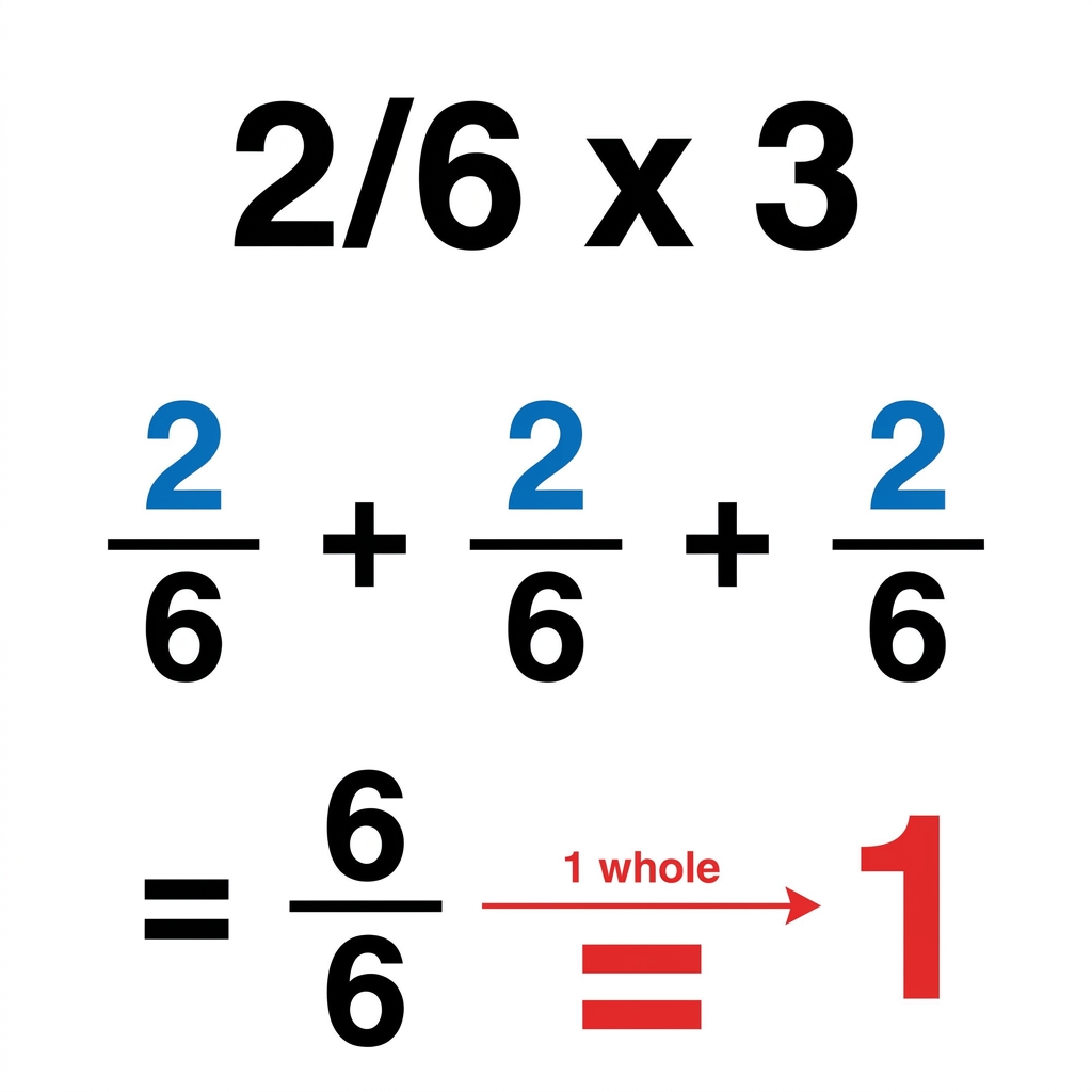 Here is 2/6 times 3. This means we have 3 groups of 2/6. If we add 2/6 + 2/6 + 2/6, we get 6/6, which is 1 whole.