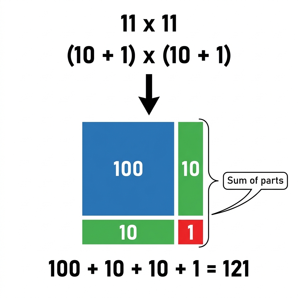 Another example is 11 times 11. We break it into 10 plus 1 and 10 plus 1. The parts are 100, 10, 10, and 1, which add up to.