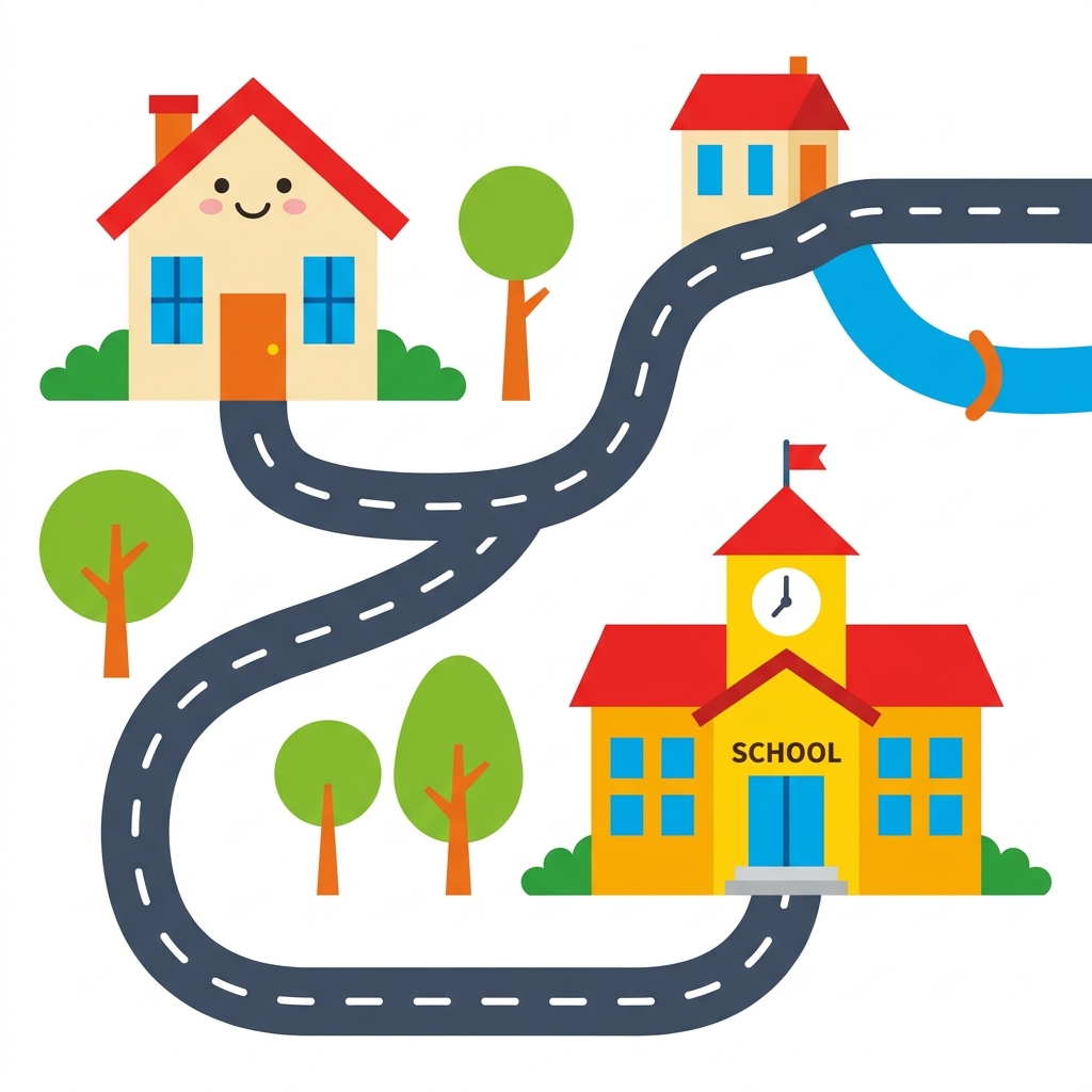 Look at the map. Here is a home. Here is a school. They are in our town.