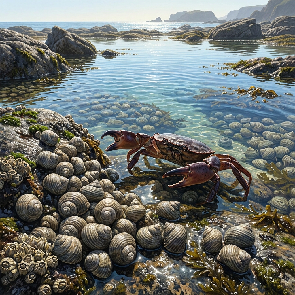In a tide pool, snails with thick shells are better protected from crabs that try to crush them. After a predator arrives.