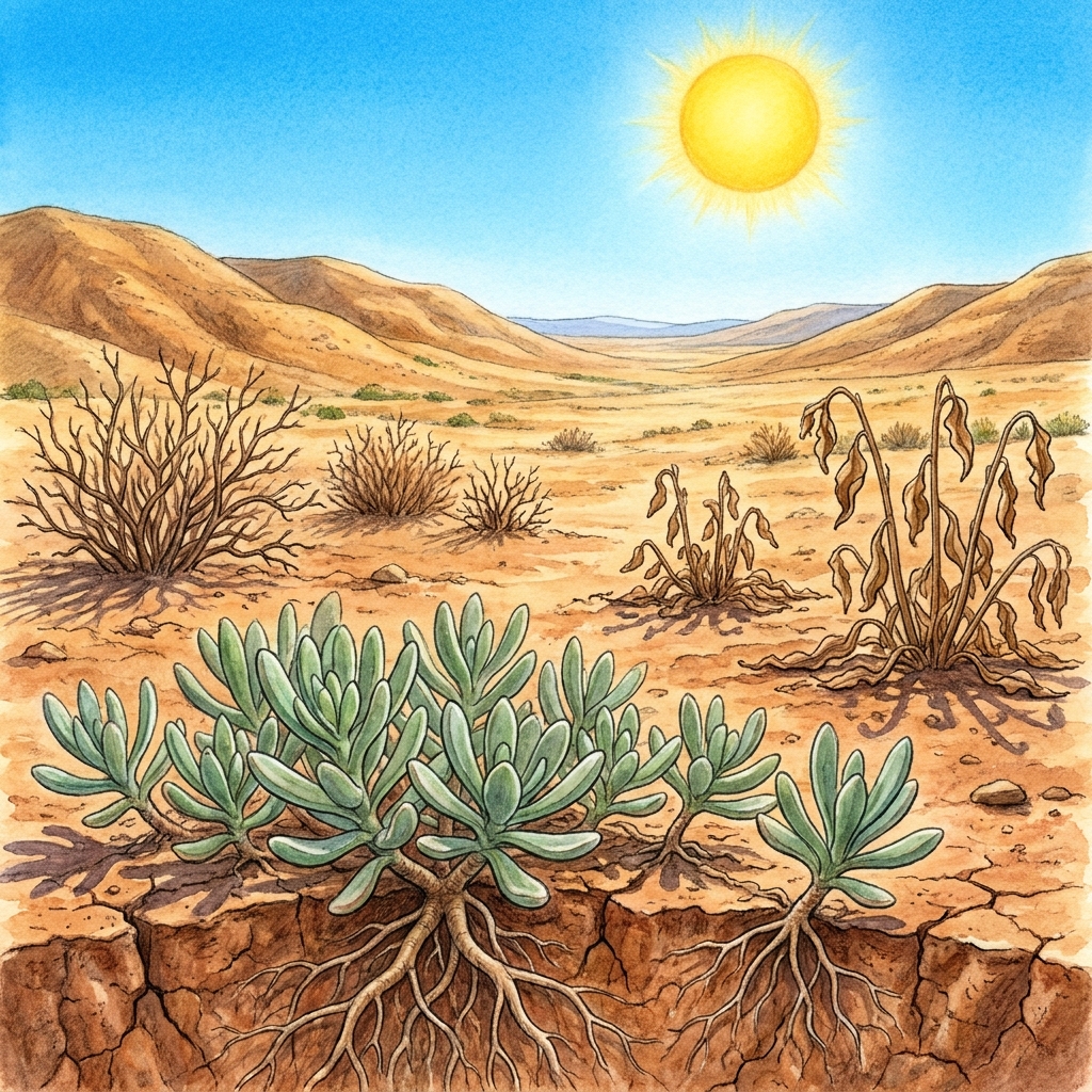 In a valley, low rainfall makes it hard for plants to grow. Plants that produce drought-resistant seeds survive more often.