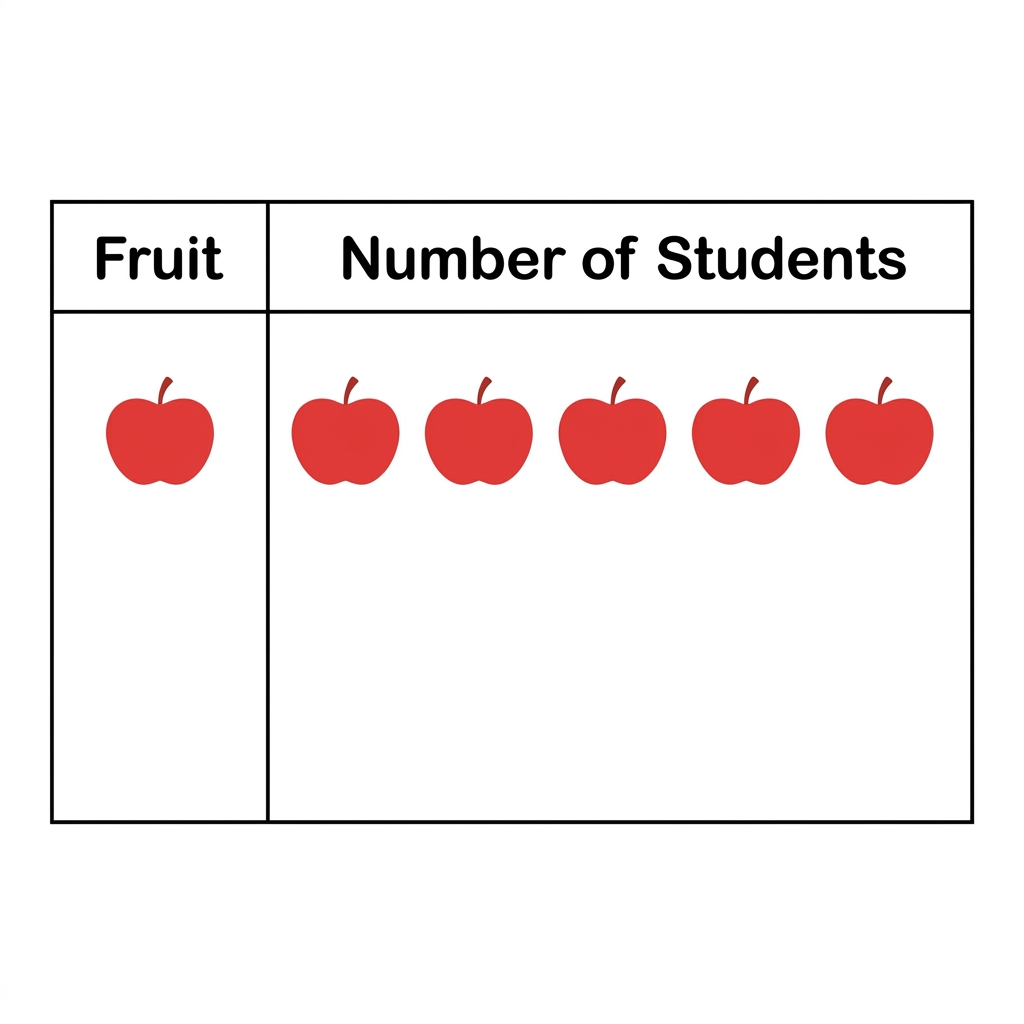 A pictograph uses pictures to represent data. If five students choose apples, we draw five apple pictures to show that.