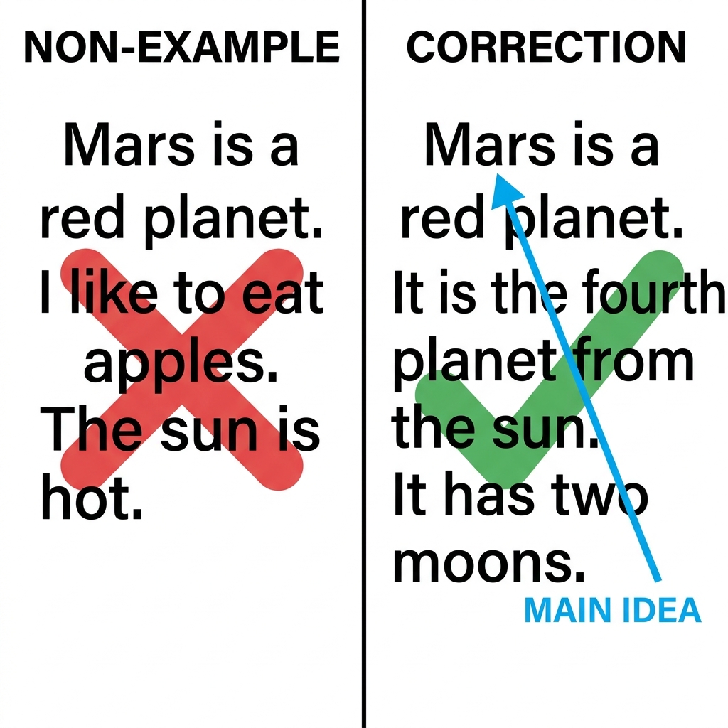 A non-example is a paragraph that jumps between unrelated topics. For example: 'Mars is a red planet. I like to eat apples.
