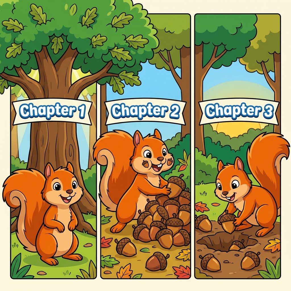 A squirrel finds a tree in one chapter, finds many nuts in the next, and hides the nuts for winter in the final chapter.