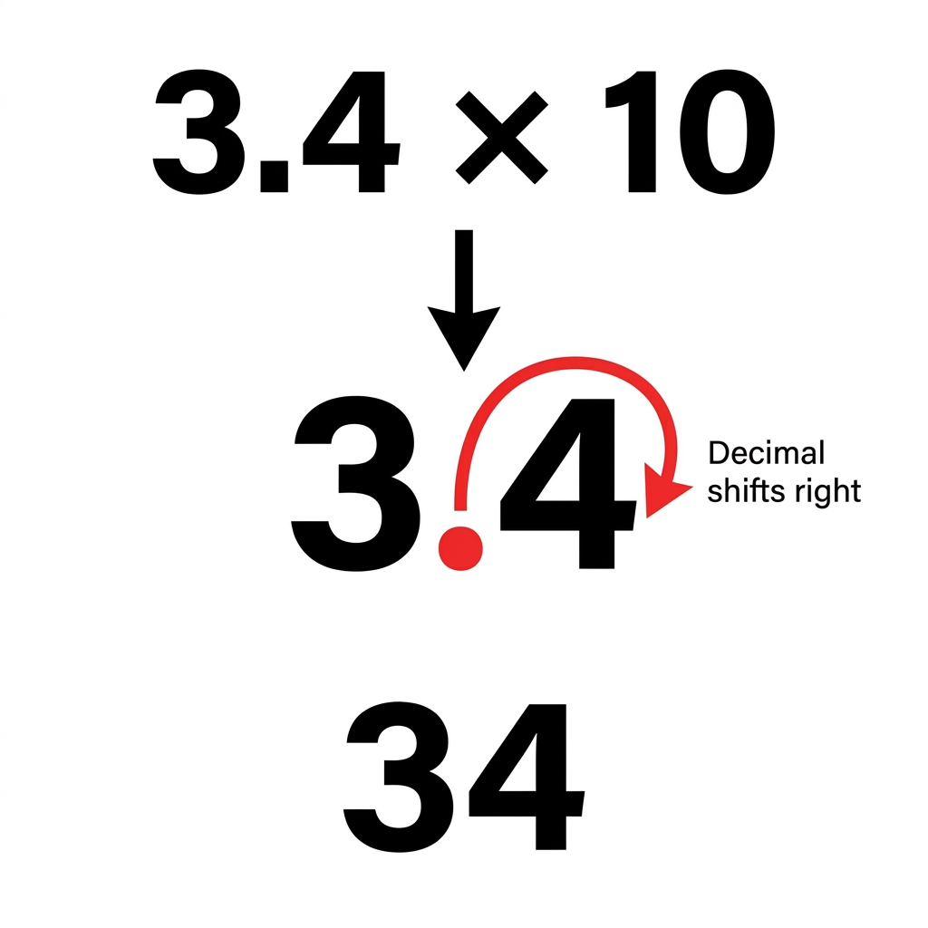 If we have 3.4 and multiply it by 10, the decimal point shifts one place to the right, making the number 34. The decimal.