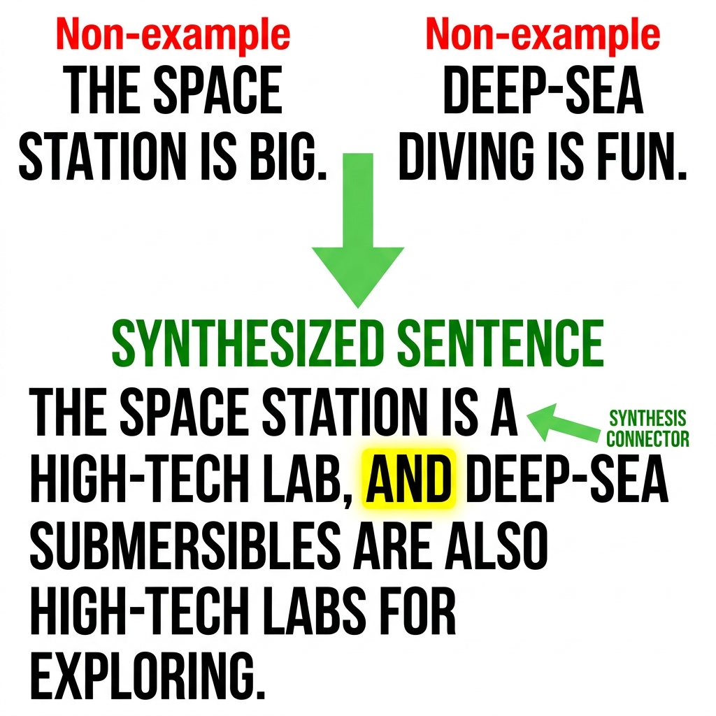 Non-example 1: 'The space station is big. Deep-sea diving is fun.' This is not synthesis because the two sentences are about.