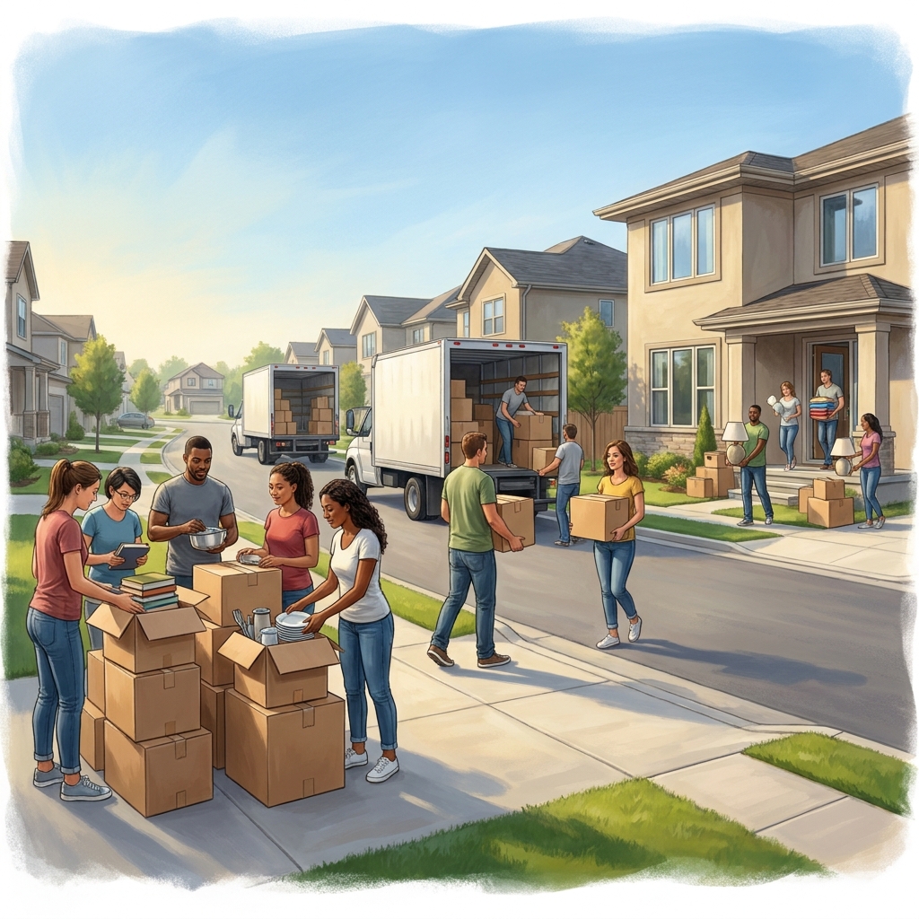 When a family moves, they first pack boxes. Then, they put the boxes in a moving truck. Finally, they unpack the boxes at.