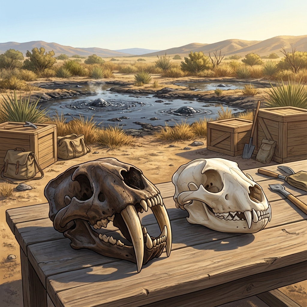At the La Brea Tar Pits, scientists find skulls of saber-toothed cats. When they compare these to the skull of a modern.