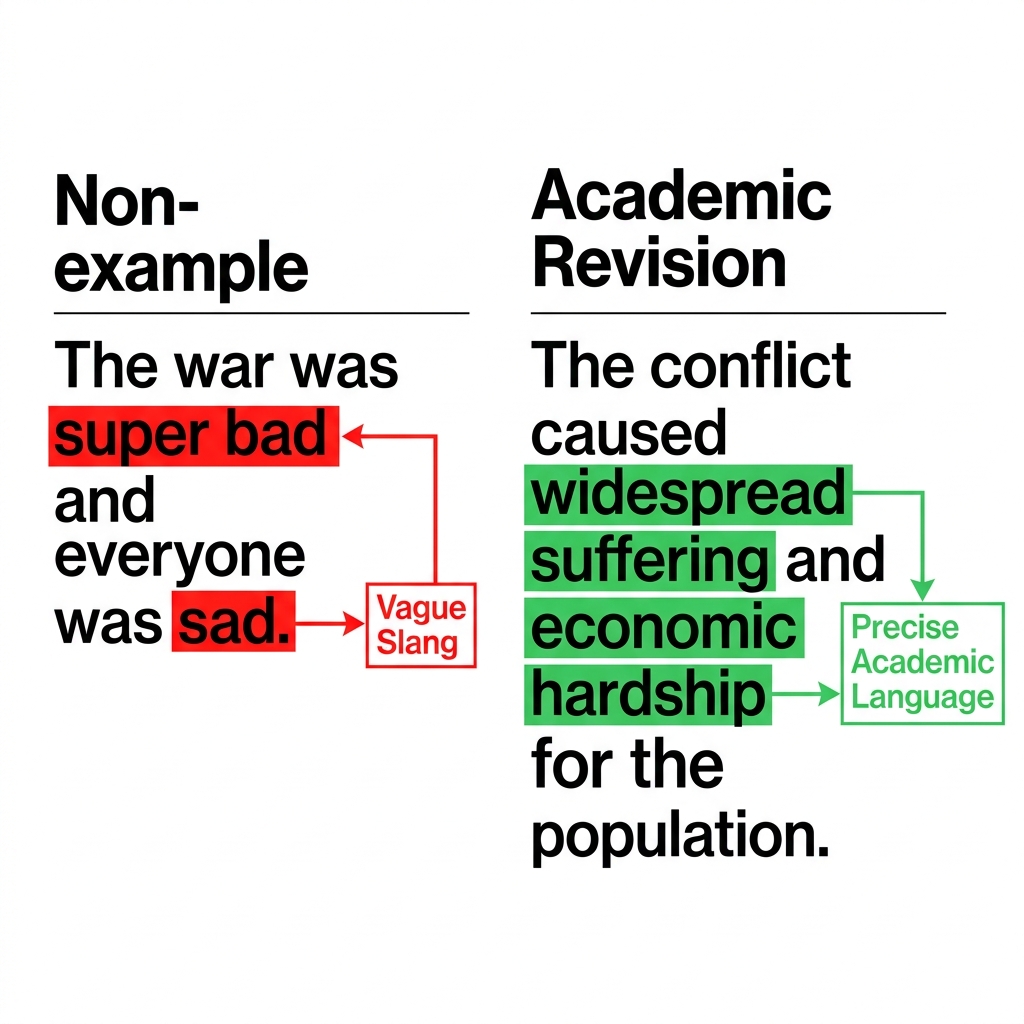 Non-example 1: 'The war was super bad and everyone was sad.' This is not a good historical sentence because it is vague and.