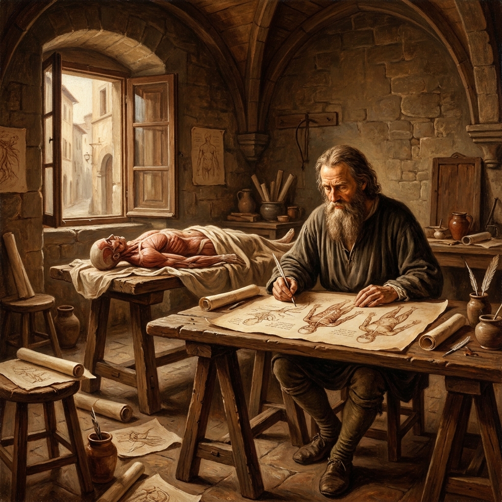 Leonardo da Vinci created detailed anatomical sketches of the human muscular system by observing and drawing bodies. This.