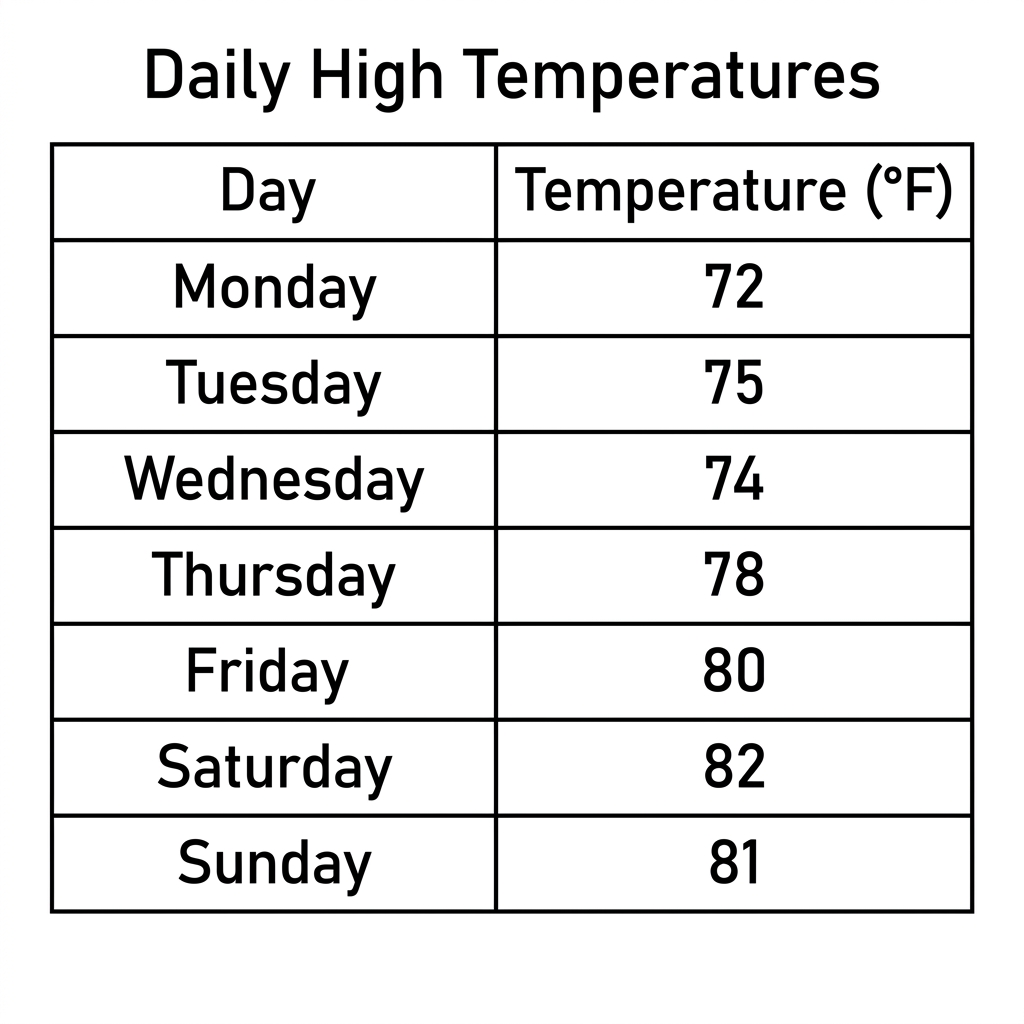 A table of daily high temperatures is another way to organize information. It lists the exact number for each day, which.
