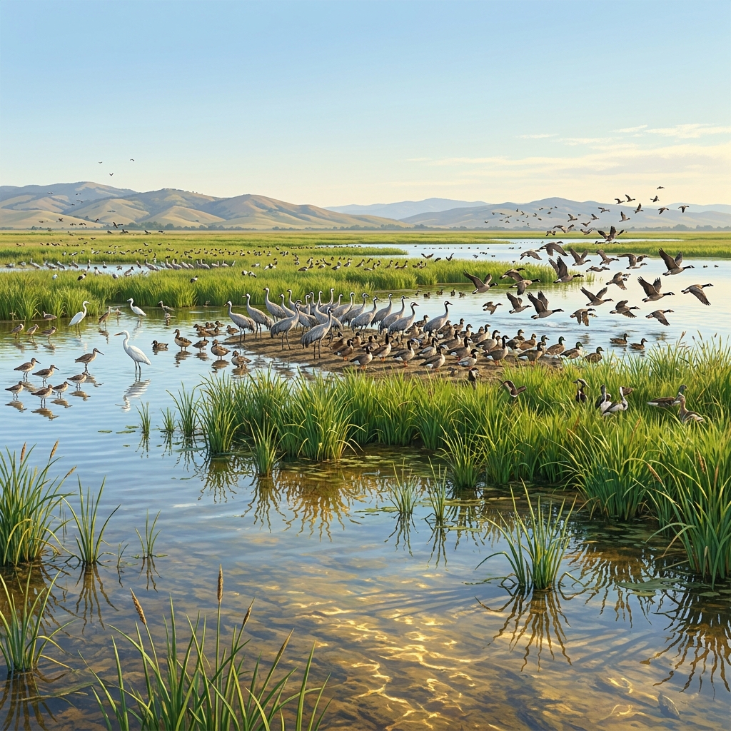 In the Central Valley, migratory birds rely on wetlands. During a wet year, there is plenty of water and food, so the bird.