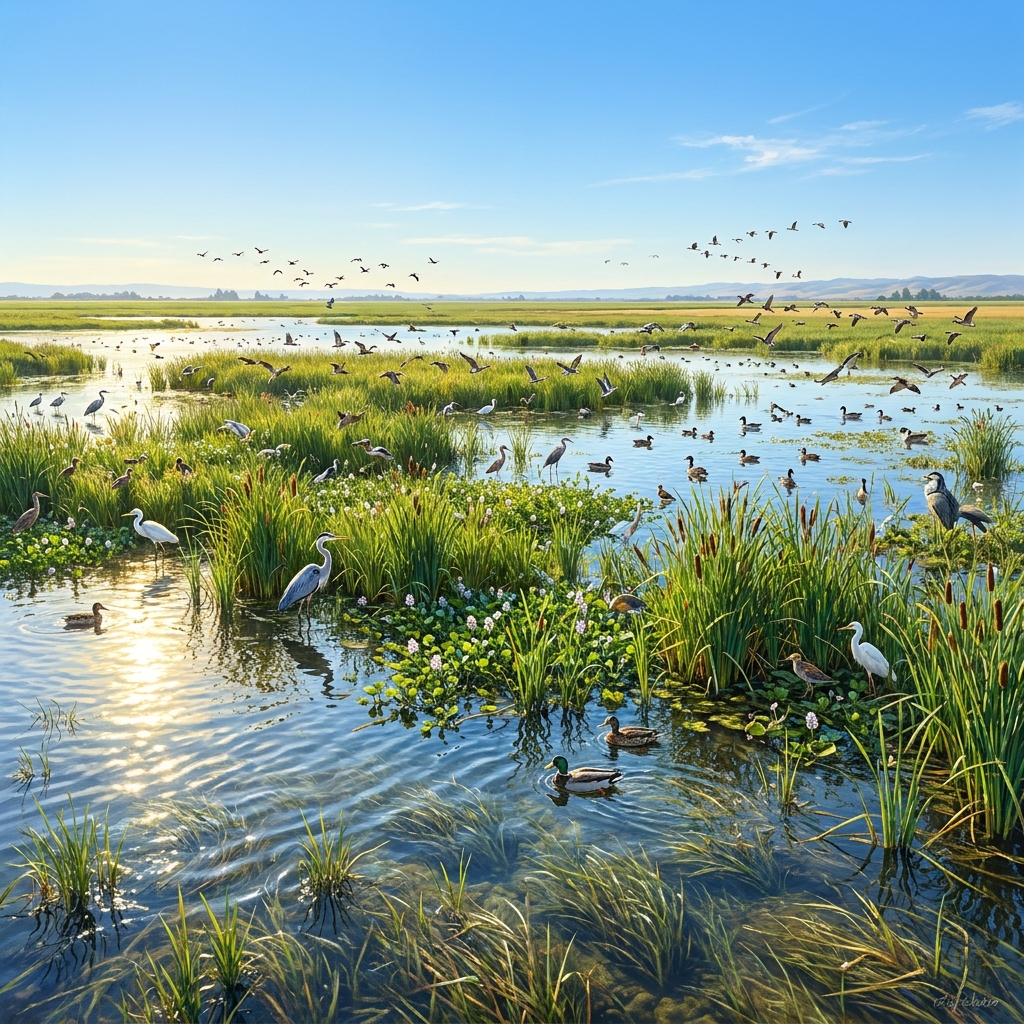 In the Central Valley, wetlands are vital for migrating birds. During a drought year, the amount of water is low, so the.