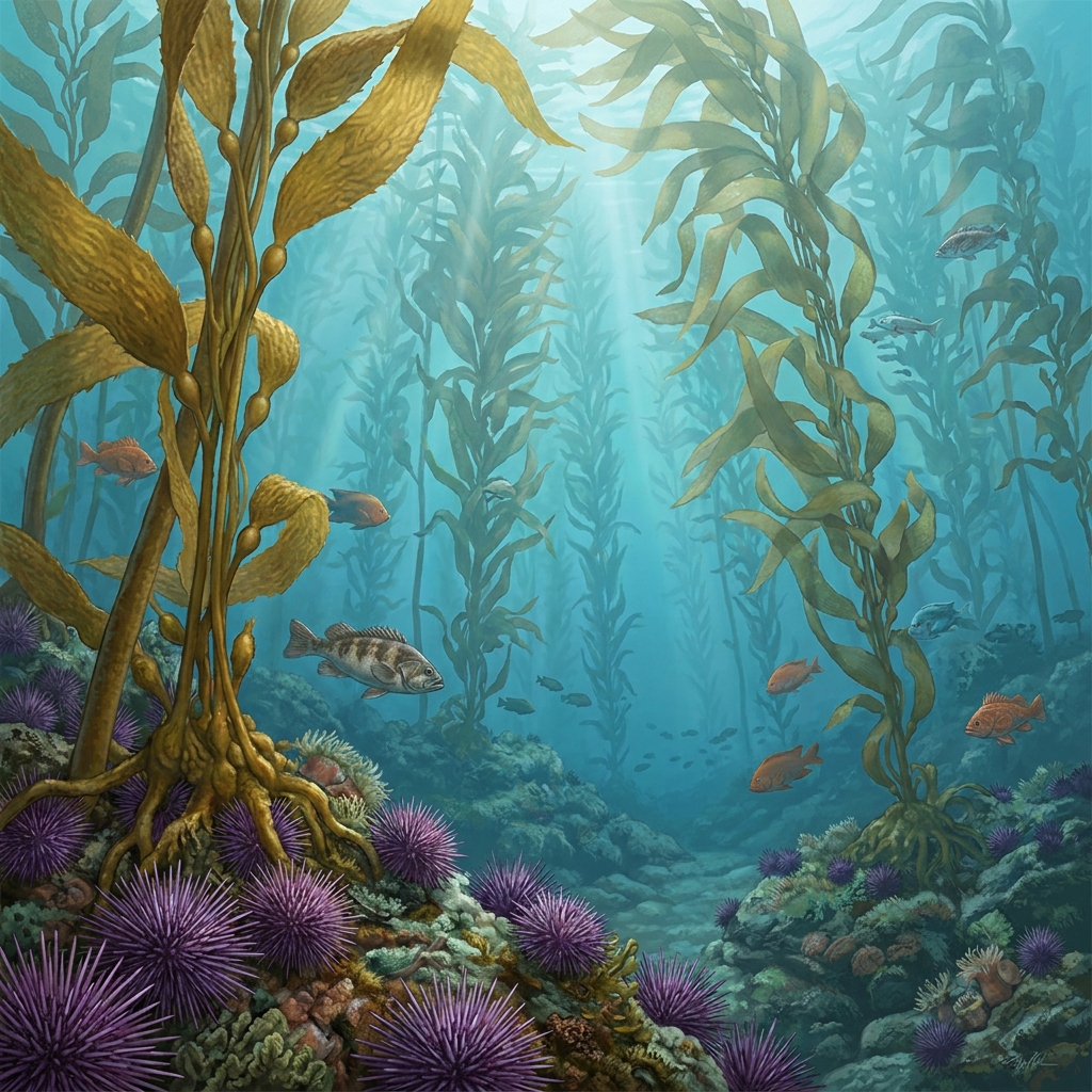 In a kelp forest, sea urchins eat kelp. If there are too many sea urchins, they eat all the kelp, and the forest disappears.