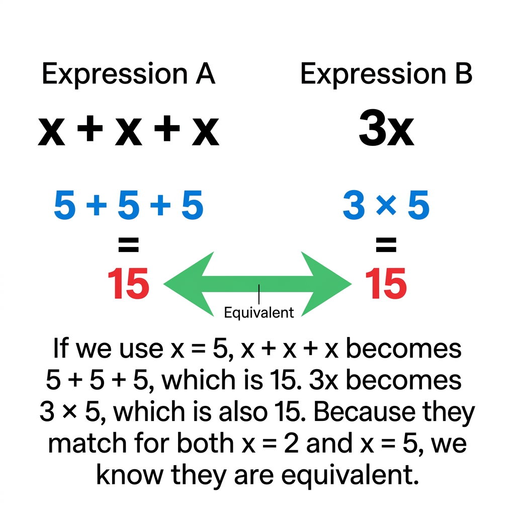 If we use x = 5, x + x + x becomes 5 + 5 + 5, which is 15. 3x becomes 3 * 5, which is also 15. Because they match for both x.