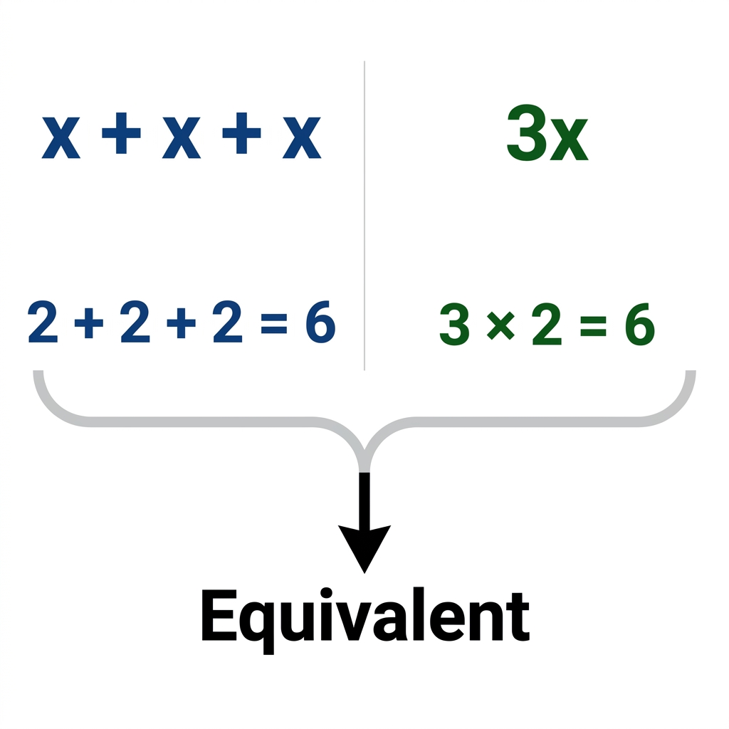 Consider the expressions x + x + x and 3x. If we substitute x = 2, x + x + x becomes 2 + 2 + 2, which is 6. 3x becomes 3 *.