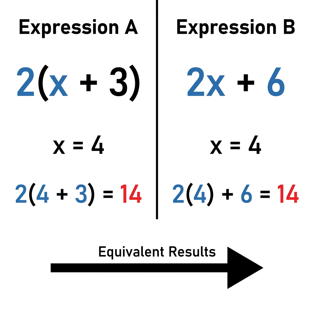 We want to see if 2(x + 3) is equivalent to 2x + 6. Let's test this with x = 4.