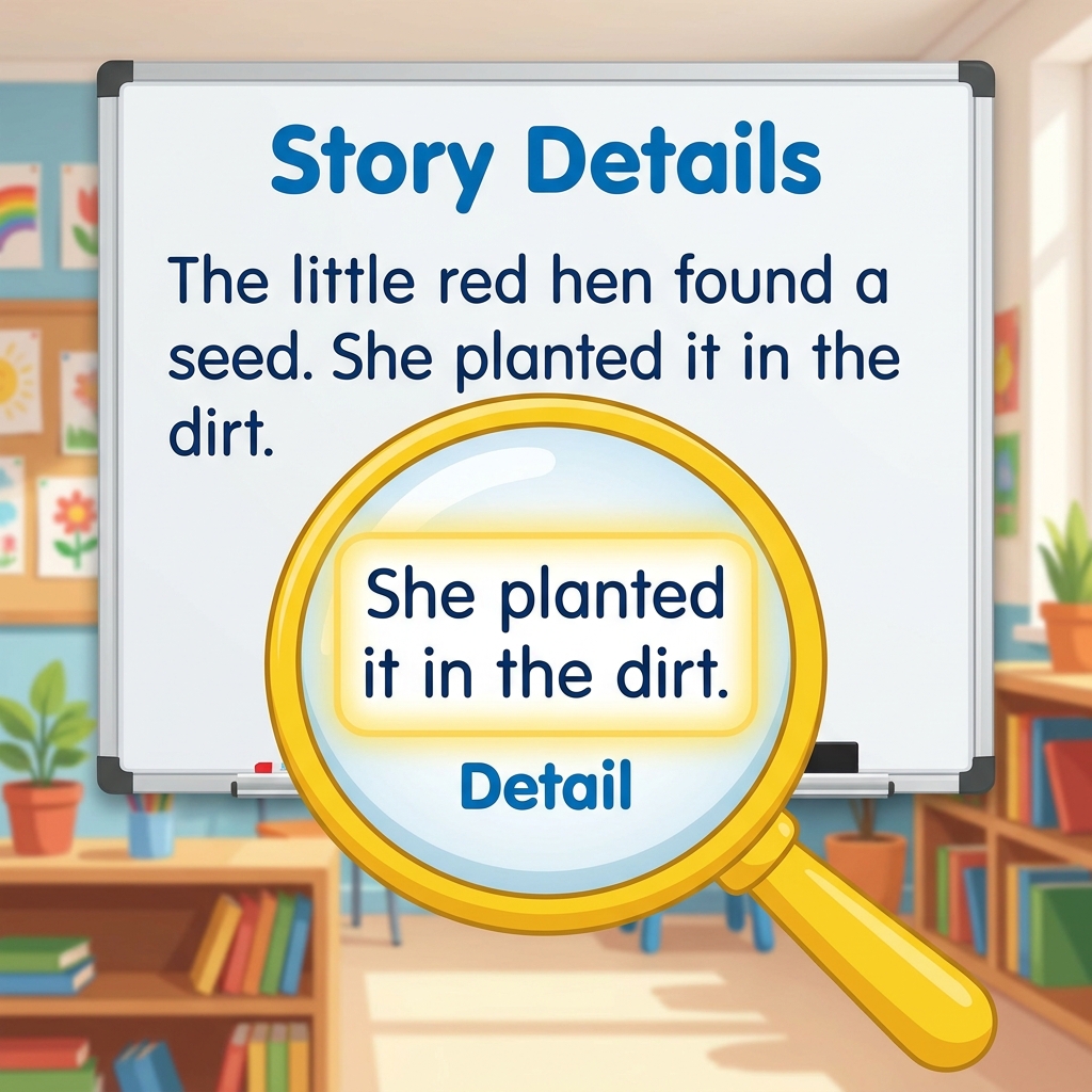 Stories have small parts. We call these parts a detail. A detail is a small piece of the story. A detail helps us know the.