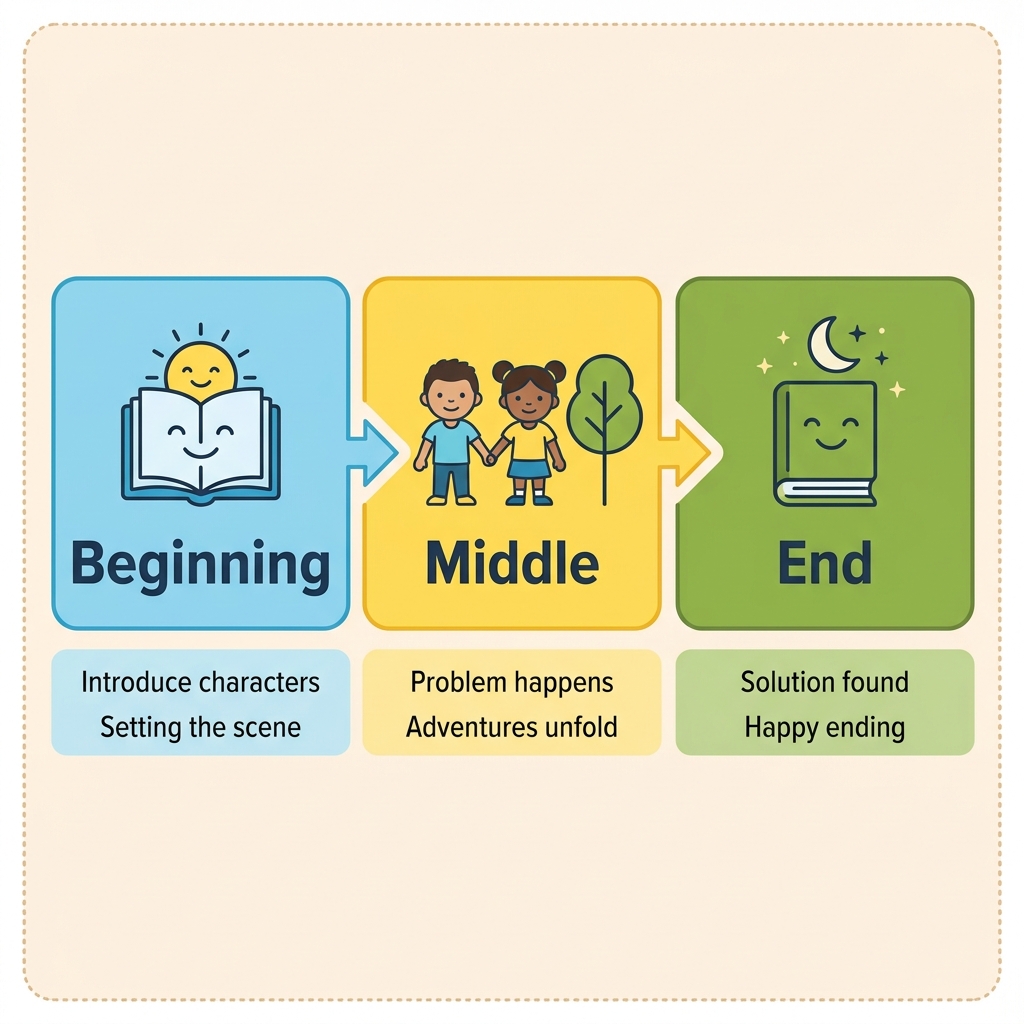 Stories have pieces. We start at the beginning. Then comes the middle. We finish at the end. We use these to retell a story.