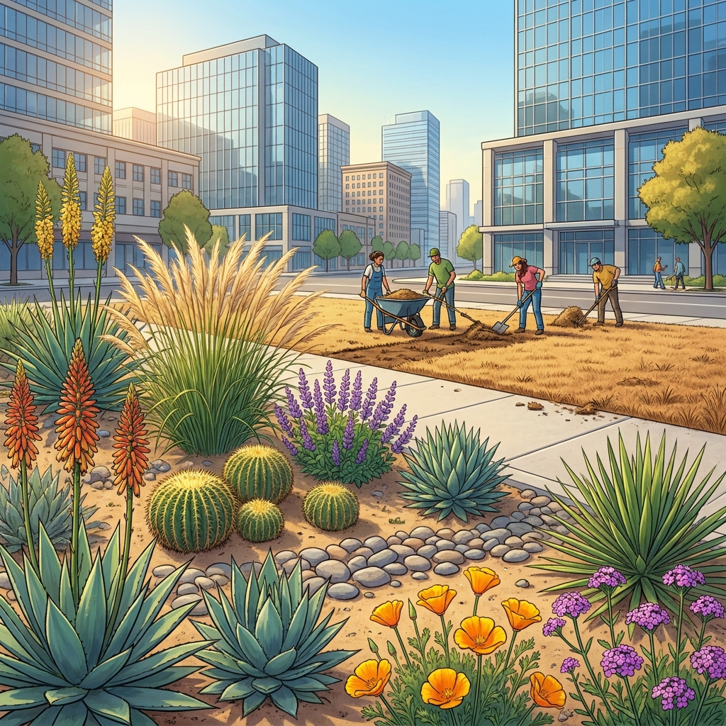 One example is xeriscaping. This is when cities replace grass with native plants that do not need much water. Because these.