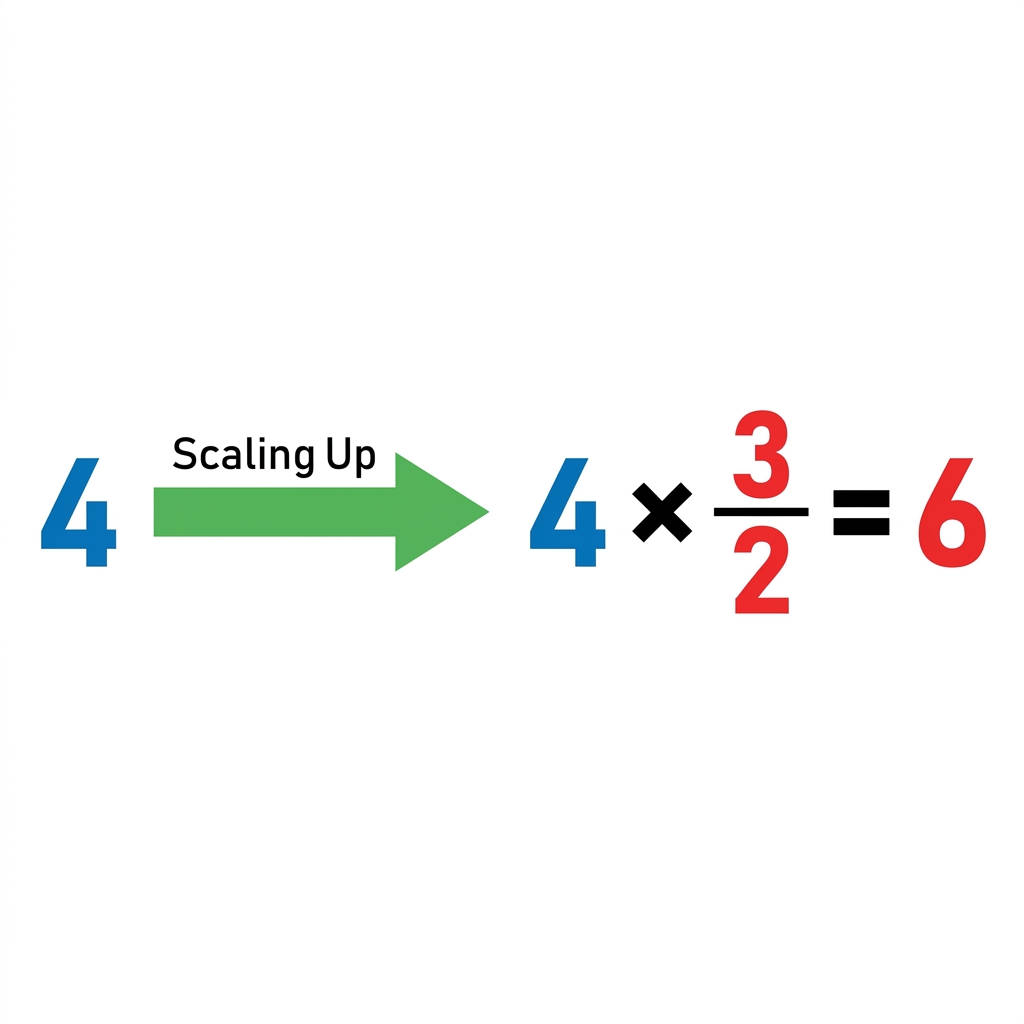 Compare 4 times 3/2 to 4. Since 3/2 is greater than 1, the product 6 is larger than 4. This is scaling up.