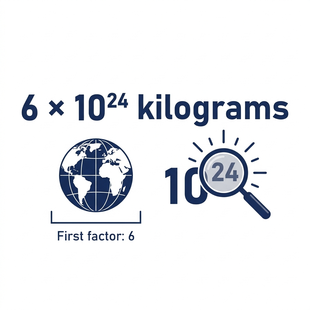 Scientific notation requires the first factor to be at least 1 and less than 10. For instance, the mass of the Earth is.