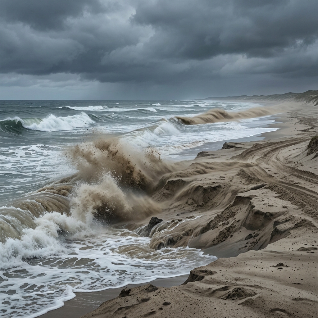 During a high-energy storm, waves strike the shore with significant force, pulling sand into the ocean and moving it down.