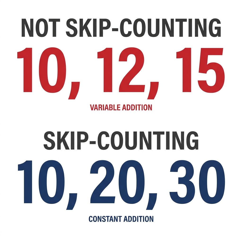 If we count 10, 12, 15, that is not skip-counting because the amount we add changes. To fix it, we should count 10, 20, 30.