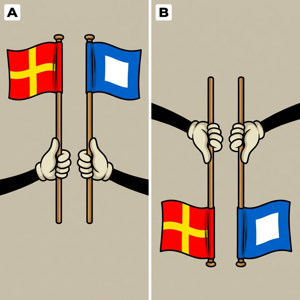For example, if a sailor holds both flags straight up, it means the letter A. If the sailor holds both flags straight down.