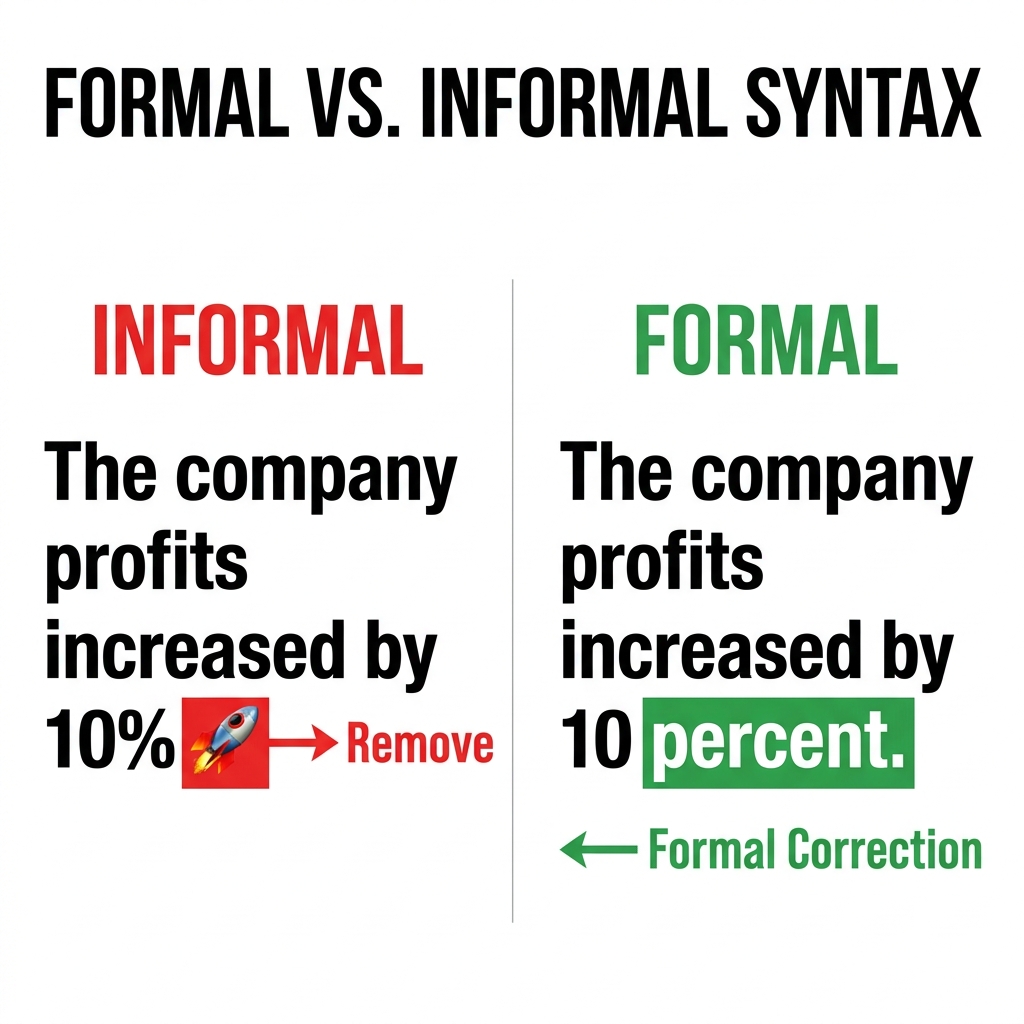 A non-example is using emojis in a formal report. If a report says, 'The company profits increased by 10% 🚀', it is not.