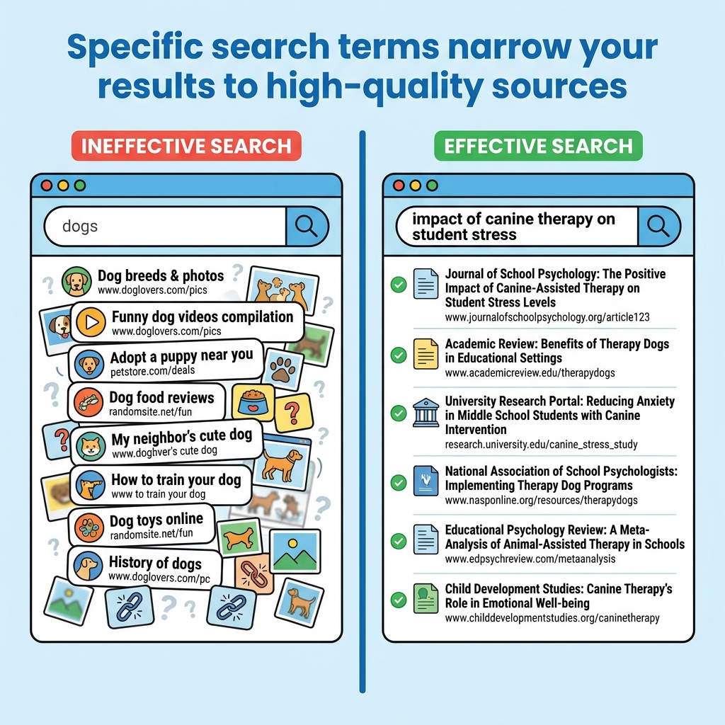 Researching history begins with library databases. Using effective search terms is the first step to finding relevant facts.
