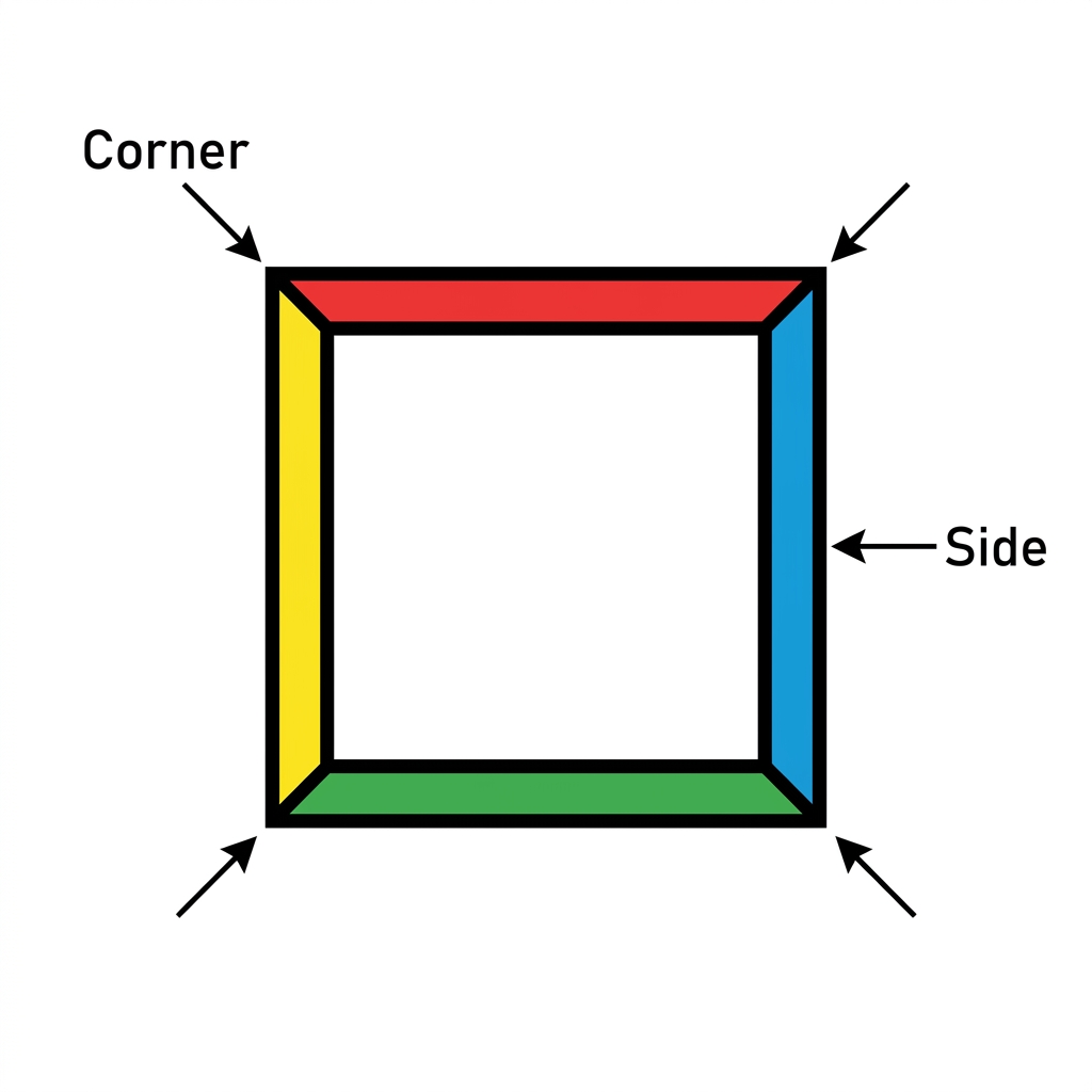 Look at this flat square. A side is a straight line. A corner is where sides touch. All sides are the same size.