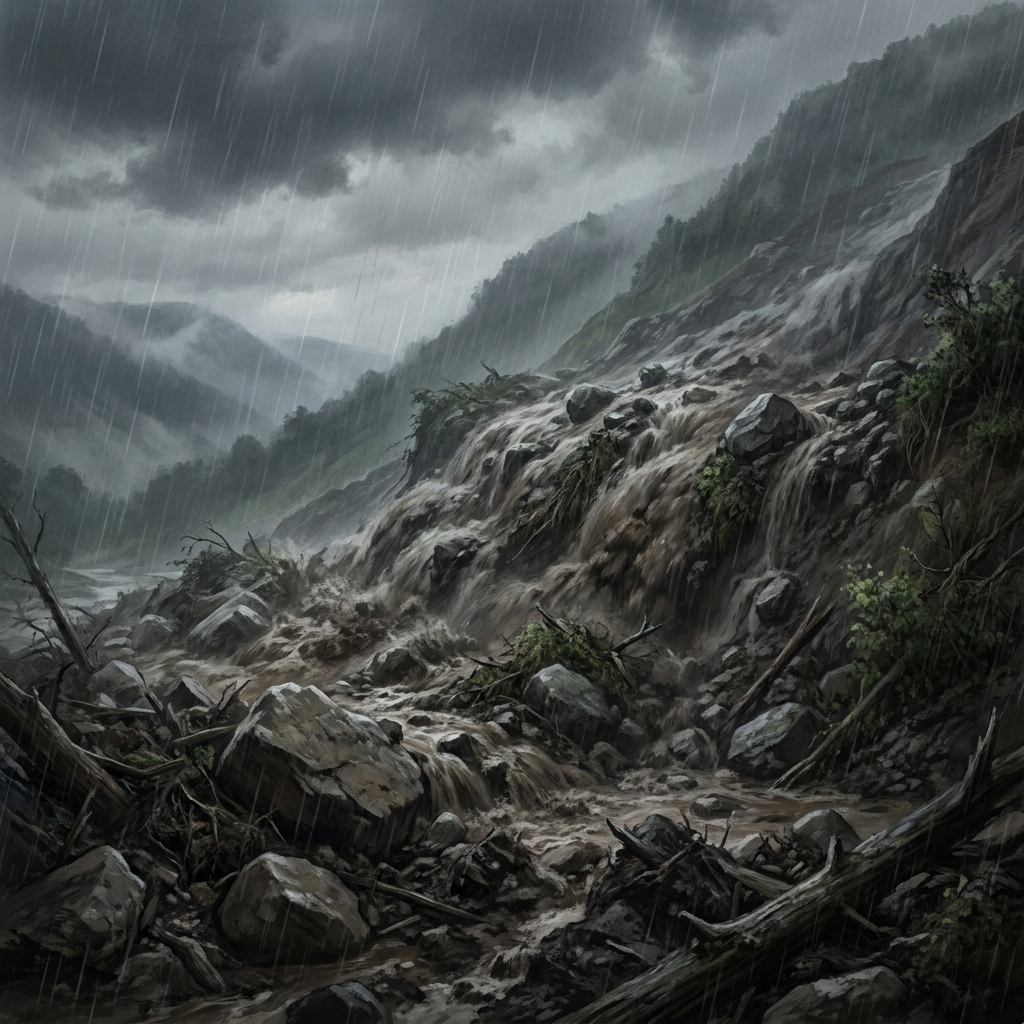 A landslide is a geoscience process. It is a rapid movement of earth and rock down a slope. This is a natural action that.