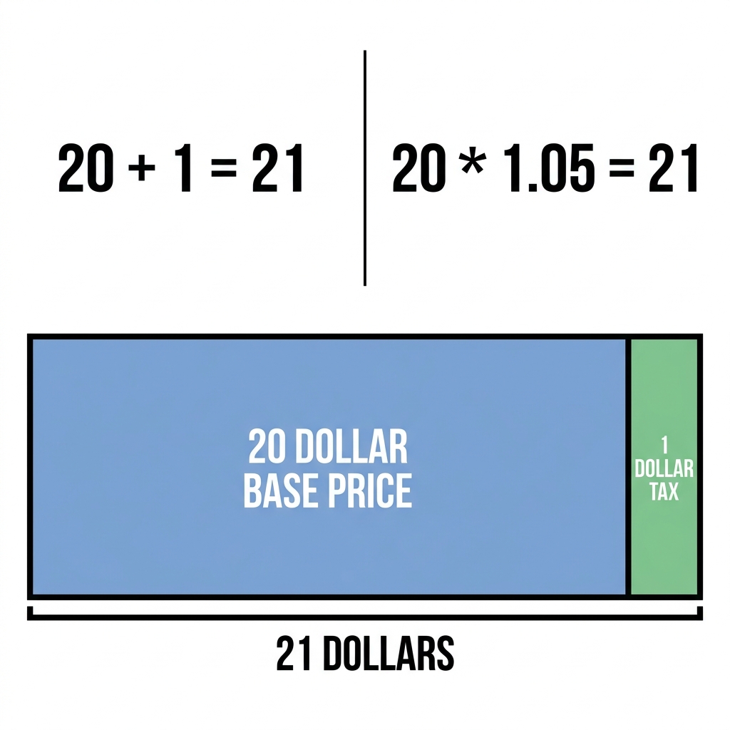 If you buy a game for 20 dollars with 5 percent tax, the tax is 1 dollar. You can express this as 20 plus 1 equals 21.