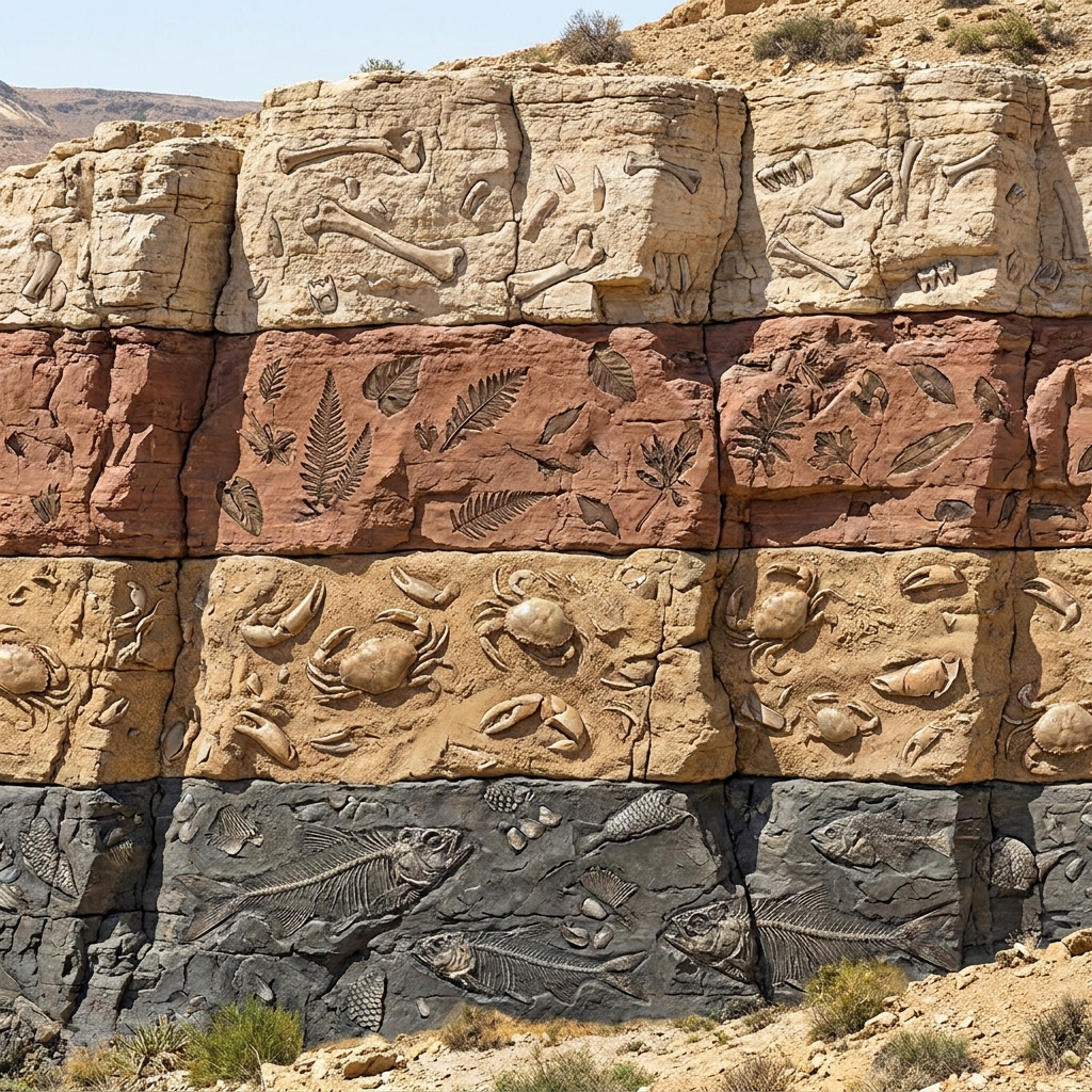 Imagine a cliff with four layers. The bottom layer has fish fossils. The next layer has crab fossils. The third layer has.
