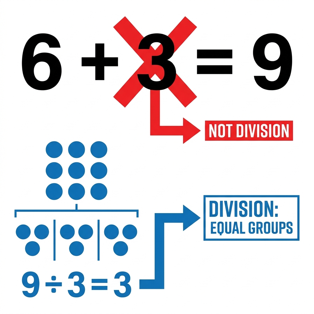Adding 6 plus 3 equals 9 is not division because division is about splitting a total into equal groups, not combining parts.