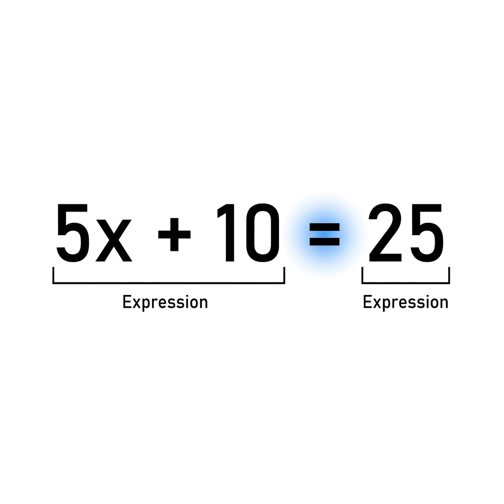 An example is 5x + 10 = 25. This is an equation because it has an equals sign and shows two expressions are equal. The left.