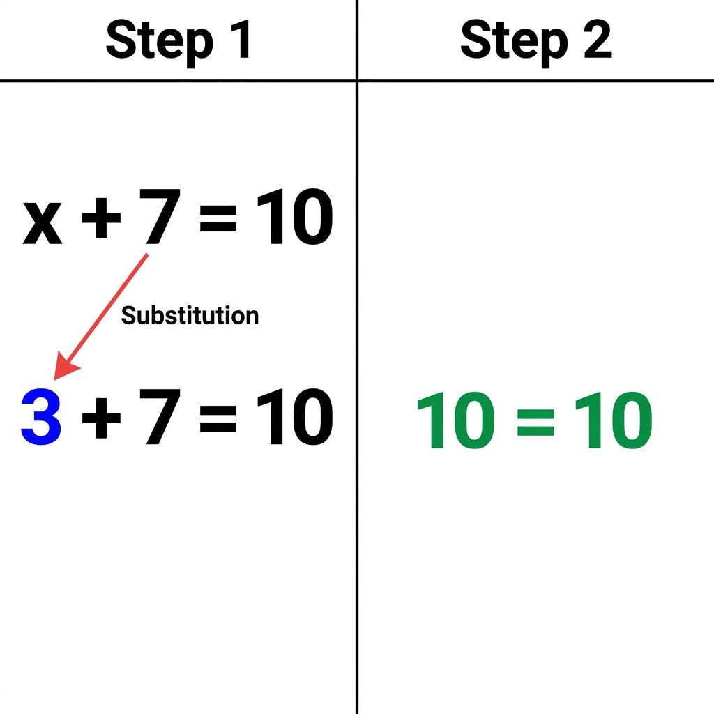 For the equation x + 7 = 10, let's test if x = 3. We substitute 3 for x to get 3 + 7 = 10. Since 10 equals 10, this is true.