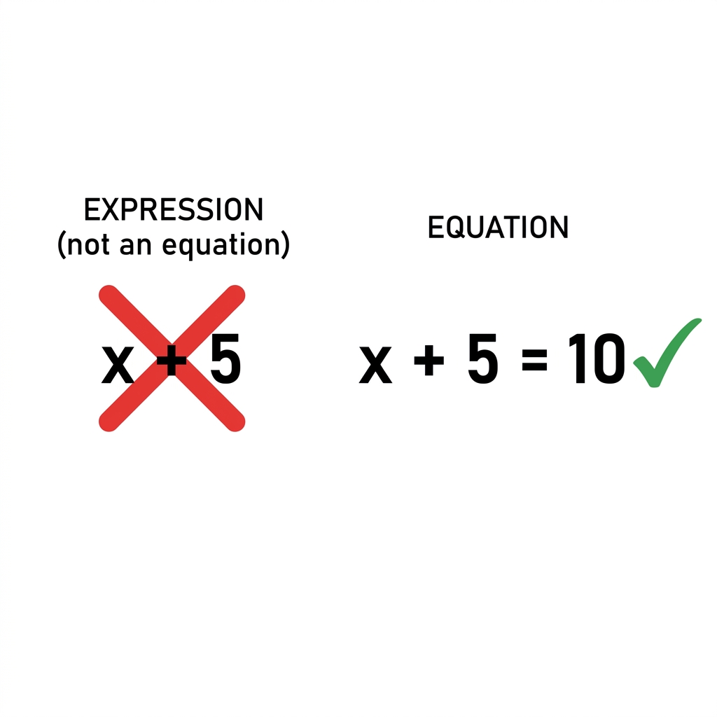 The expression x + 5 is not an equation because it does not have an equal sign. To make it an equation, we could write x + 5.