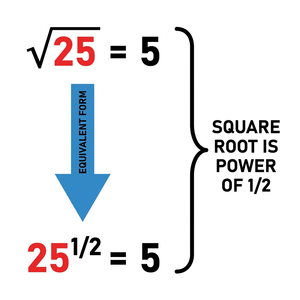 The square root of 25 is 5, because 5 times 5 equals 25. We can also write this as 25 to the power of one-half.